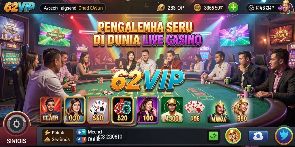 Screenshot utama 62VIP menampilkan dealer langsung dalam permainan Live Casino.