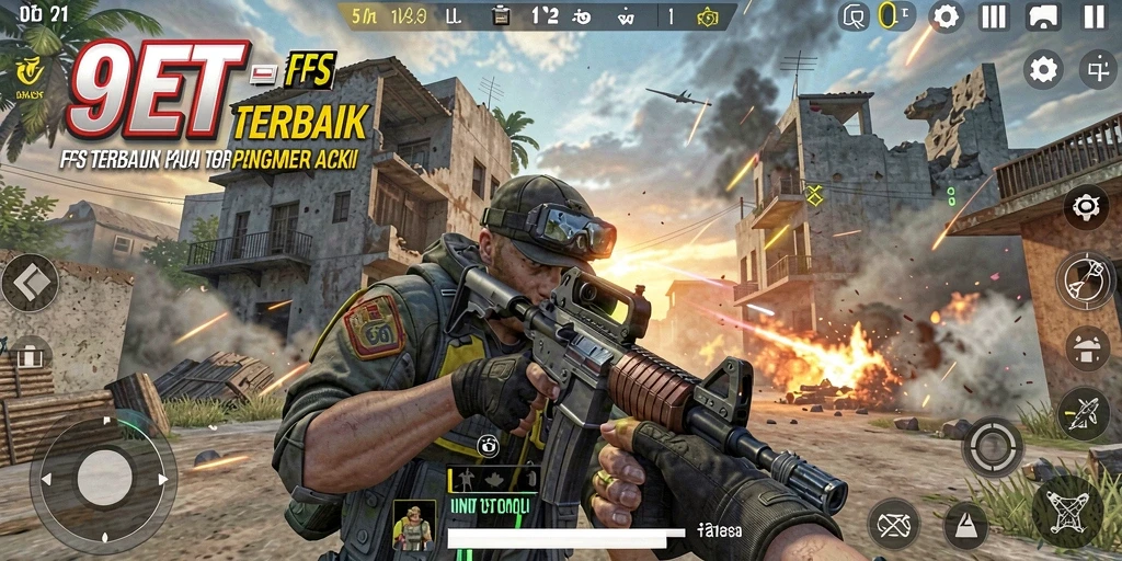Screenshot gameplay 9ET yang menunjukkan aksi tembak-menembak intens.