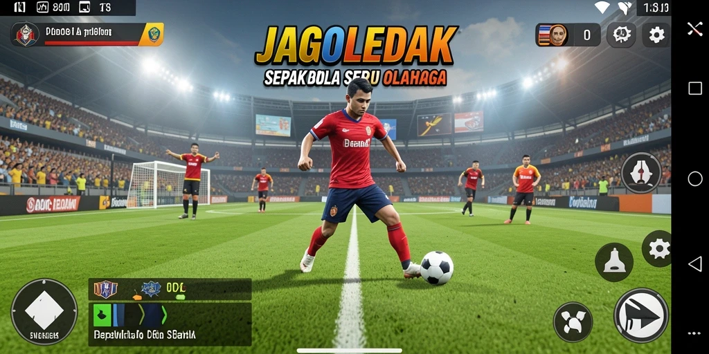 Tangkapan layar permainan JAGOLEDAK yang menampilkan aksi sepak bola yang seru.