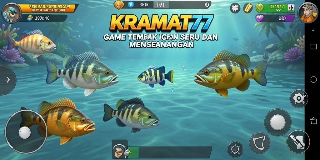 Screenshot gameplay KRAMAT77 menunjukkan aksi seru menangkap ikan.