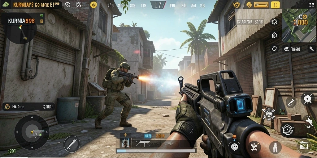 Tangkapan layar gameplay KURNIA898 yang penuh aksi dalam mode FPS.