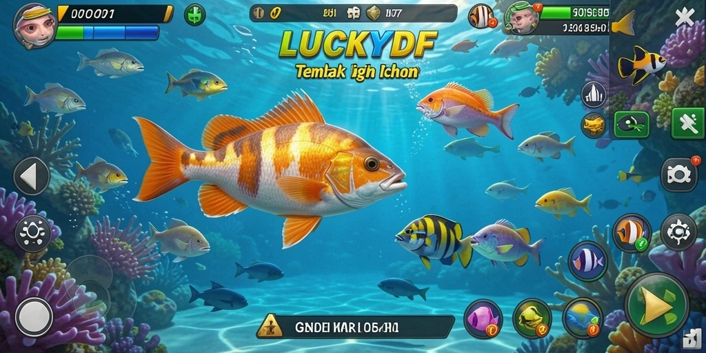 Tampilan gameplay seru LUCKYDF dengan menembak ikan berwarna-warni.