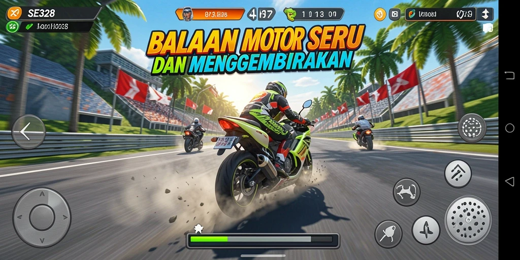 Screenshot gameplay SE328 menampilkan balapan motor yang intens dan penuh aksi.